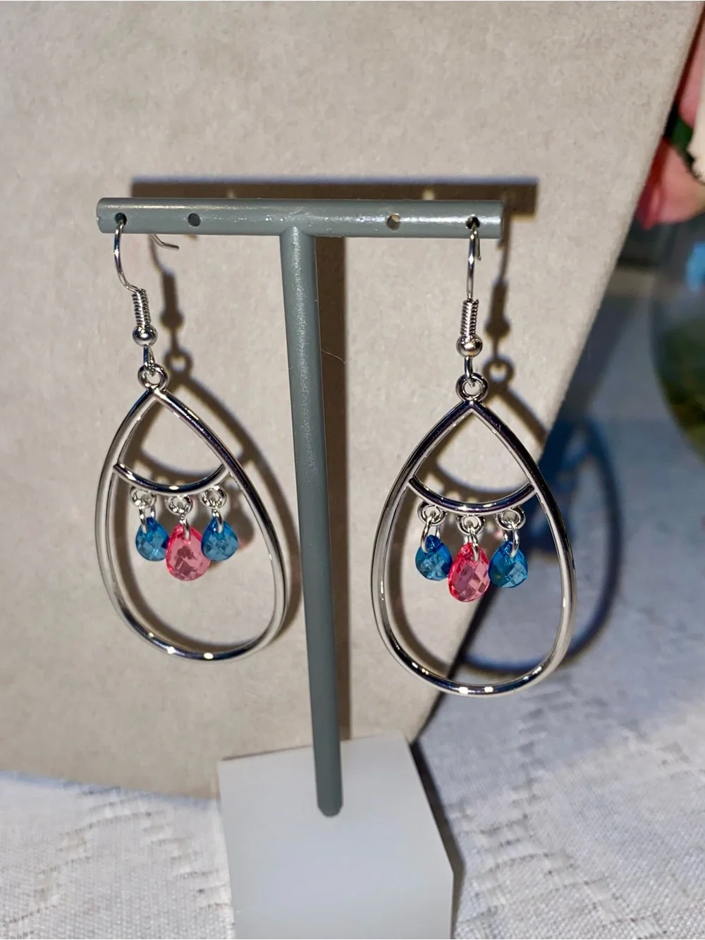 Silver Teardrop Earrings with Pink and Blue Crystal Drops